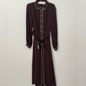 Zara Brown Pleated Long Sleeve Dress with Contrast Trim